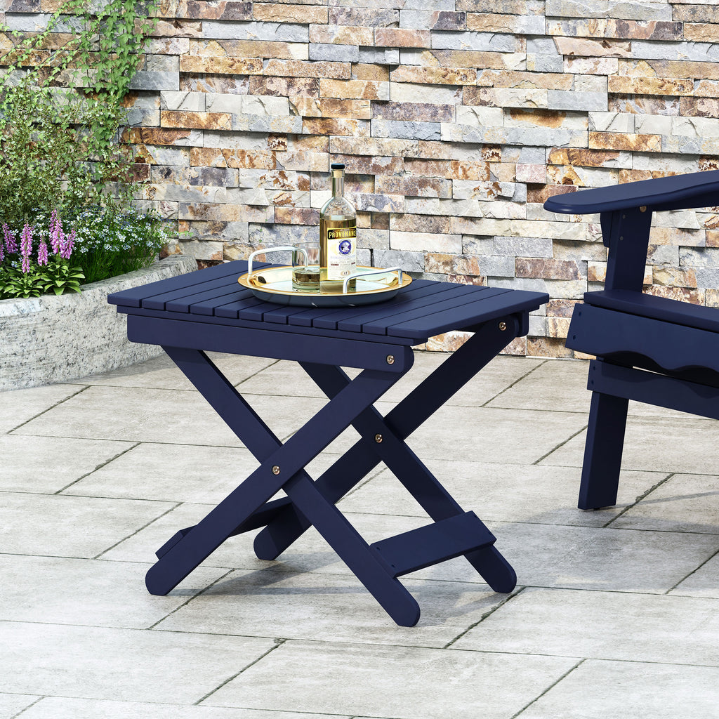 Aurelian Folding Acacia Wood Outdoor Side Table – Navy Blue Slat-Top Patio Accent Table, 22.75"
