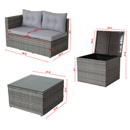 4-Piece Patio Sectional Wicker Rattan Outdoor Furniture Set with Storage Box – Modern Grey Patio Sofa Set
