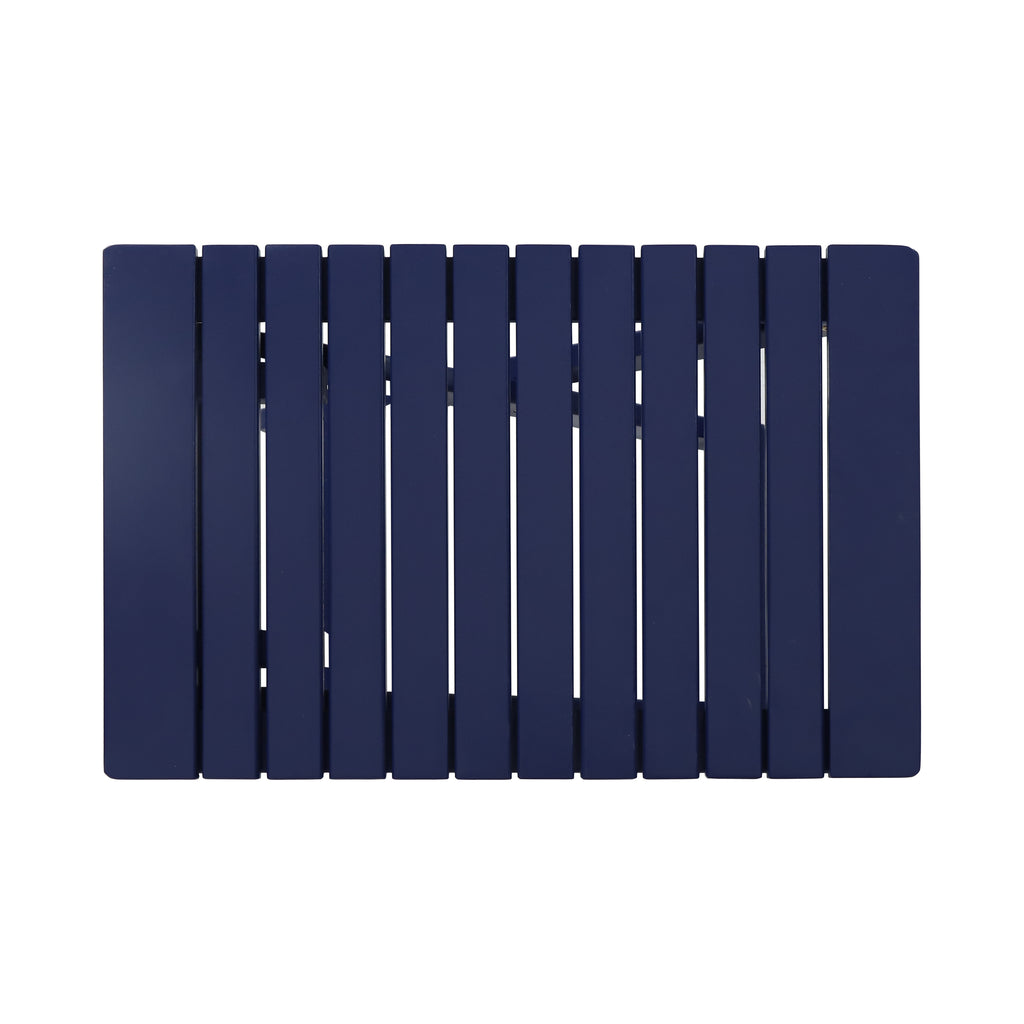 Aurelian Folding Acacia Wood Outdoor Side Table – Navy Blue Slat-Top Patio Accent Table, 22.75"