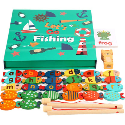 Wooden Magnetic Fishing Kitten Fishing Game 26 Letters Multi-function Fun Spelling Words Toddler Early Education Toys