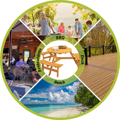 𝗔𝘂𝗿𝗲𝗹𝗶𝗮𝗻 6-𝗣𝗲𝗿𝘀𝗼𝗻 𝗥𝗼𝘂𝗻𝗱 𝗪𝗼𝗼𝗱𝗲𝗻 𝗢𝘂𝘁𝗱𝗼𝗼𝗿 𝗣𝗶𝗰𝗻𝗶𝗰 𝗧𝗮𝗯𝗹𝗲 – 𝗦𝗼𝗹𝗶𝗱 𝗙𝗶𝗿 𝗪𝗼𝗼𝗱 𝗣𝗮𝘁𝗶𝗼 𝗗𝗶𝗻𝗶𝗻𝗴 𝗦𝗲𝘁 𝘄𝗶𝘁𝗵 3 𝗕𝘂𝗶𝗹𝘁-𝗜𝗻 𝗕𝗲𝗻𝗰𝗵𝗲𝘀 & 𝗨𝗺𝗯𝗿𝗲𝗹𝗹𝗮 𝗛𝗼𝗹𝗲, 𝗡𝗮𝘁𝘂𝗿𝗮𝗹