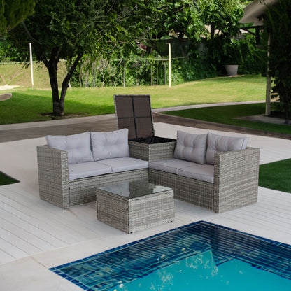 4-Piece Patio Sectional Wicker Rattan Outdoor Furniture Set with Storage Box – Modern Grey Patio Sofa Set