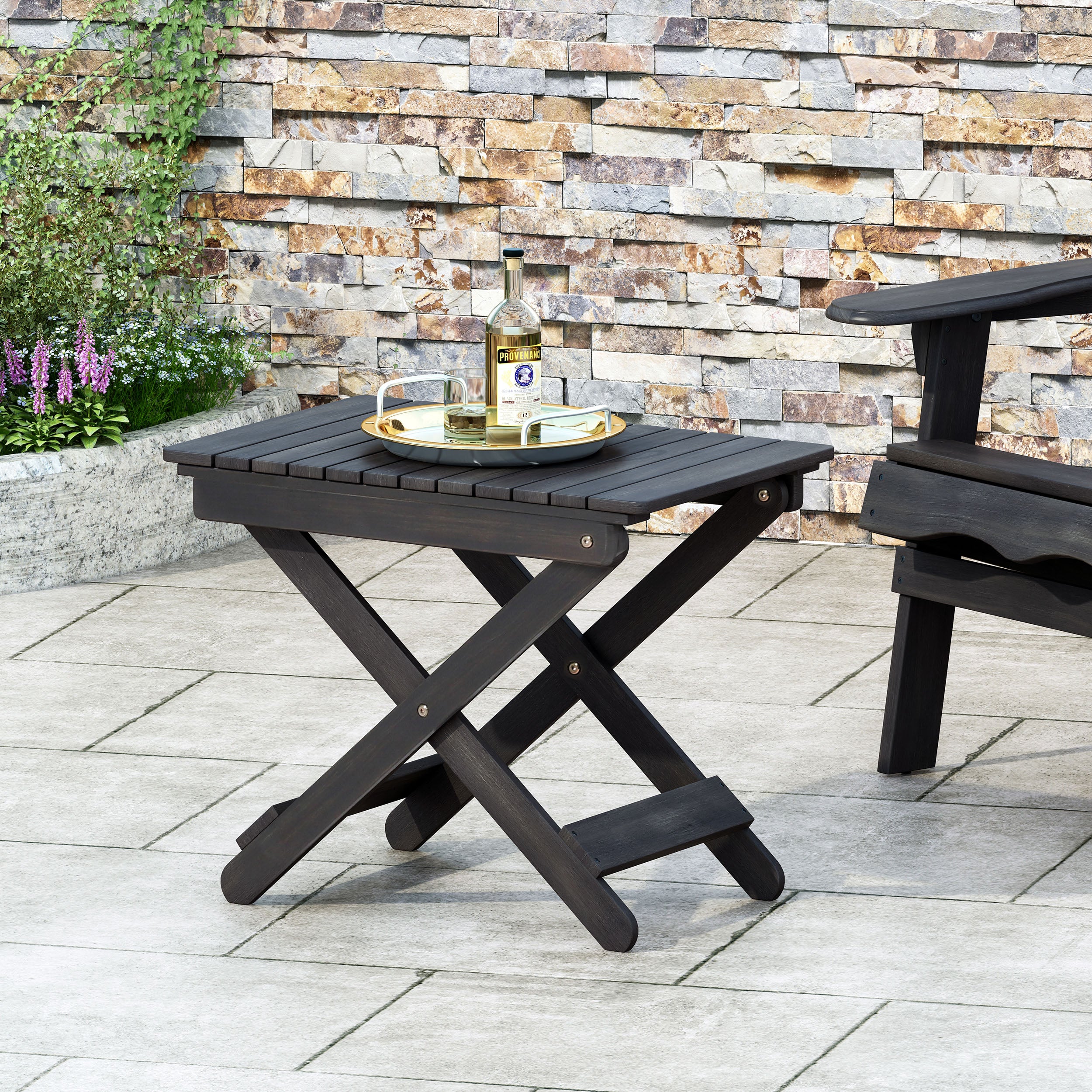 Aureliаn Folding Acacia Wood Outdoor Side Table – Modern Slat-Top Patio Accent Table, Dark Gray 22.75"