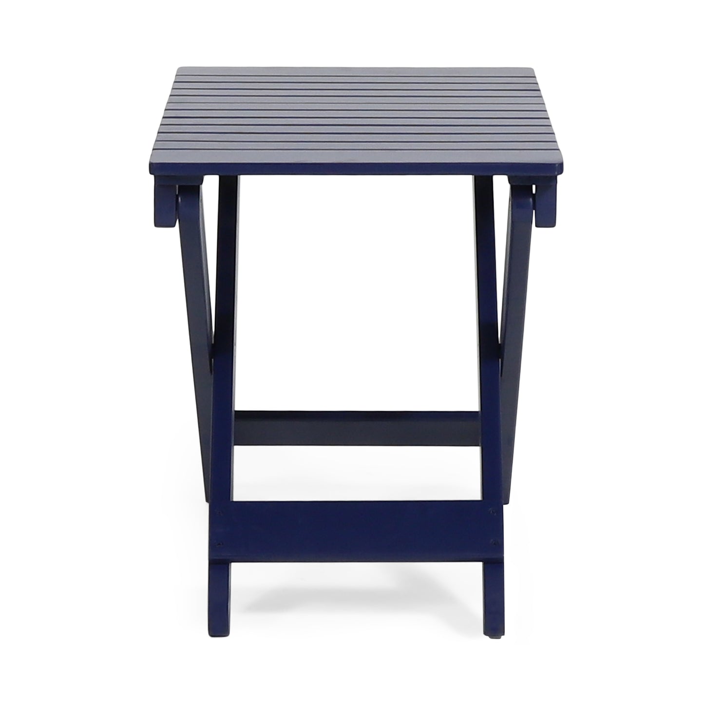 Aurelian Folding Acacia Wood Outdoor Side Table – Navy Blue Slat-Top Patio Accent Table, 22.75"