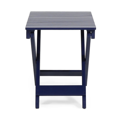 Aurelian Folding Acacia Wood Outdoor Side Table – Navy Blue Slat-Top Patio Accent Table, 22.75"