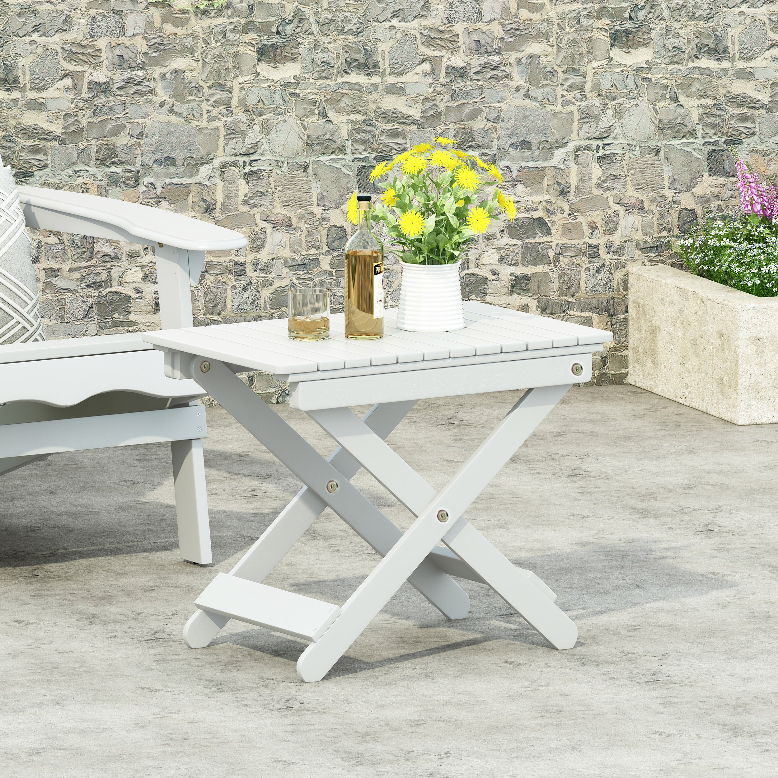 Aurelian Folding Acacia Wood Outdoor Side Table – White Slat-Top Patio Accent Table, 22.75"