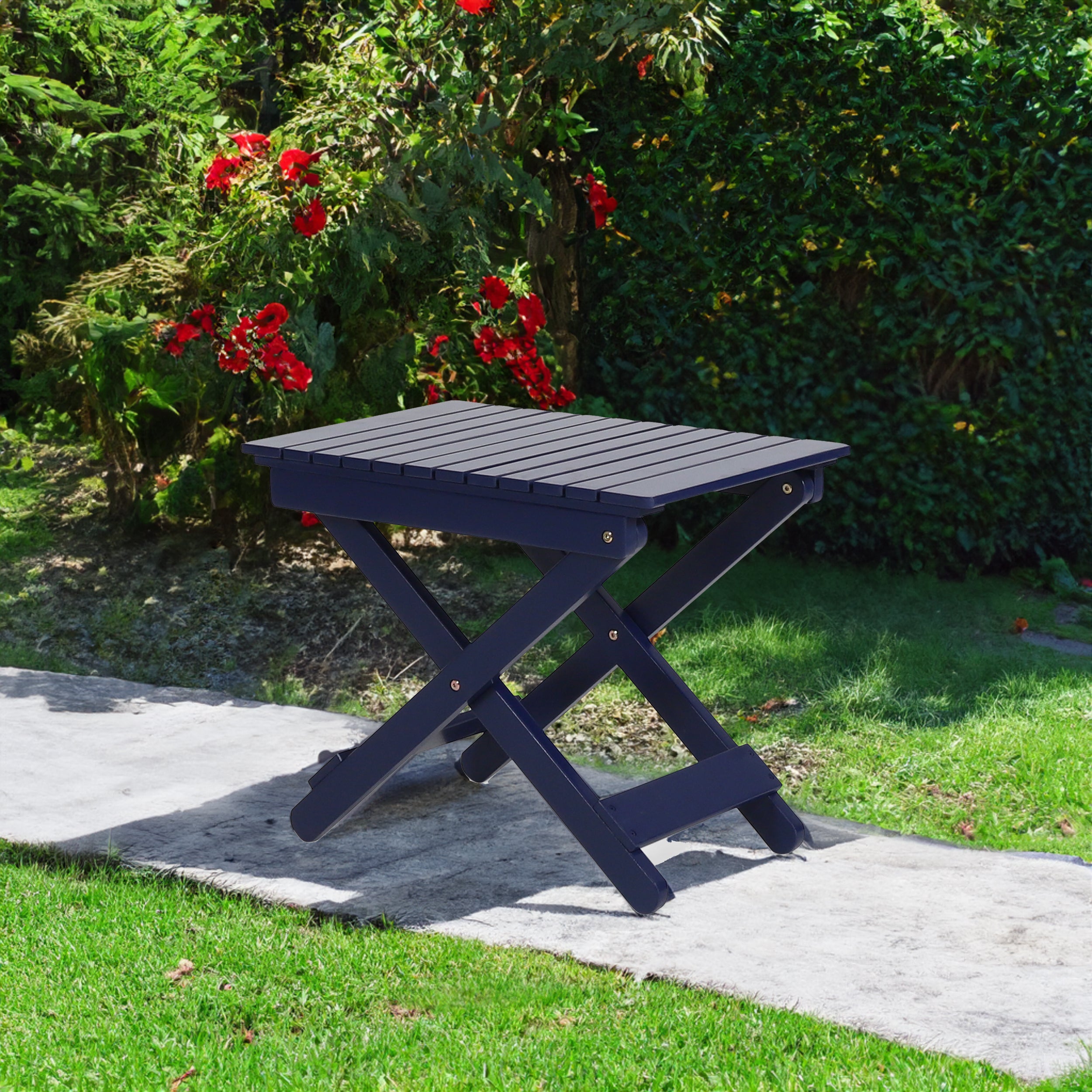 Aurelian Folding Acacia Wood Outdoor Side Table – Navy Blue Slat-Top Patio Accent Table, 22.75"