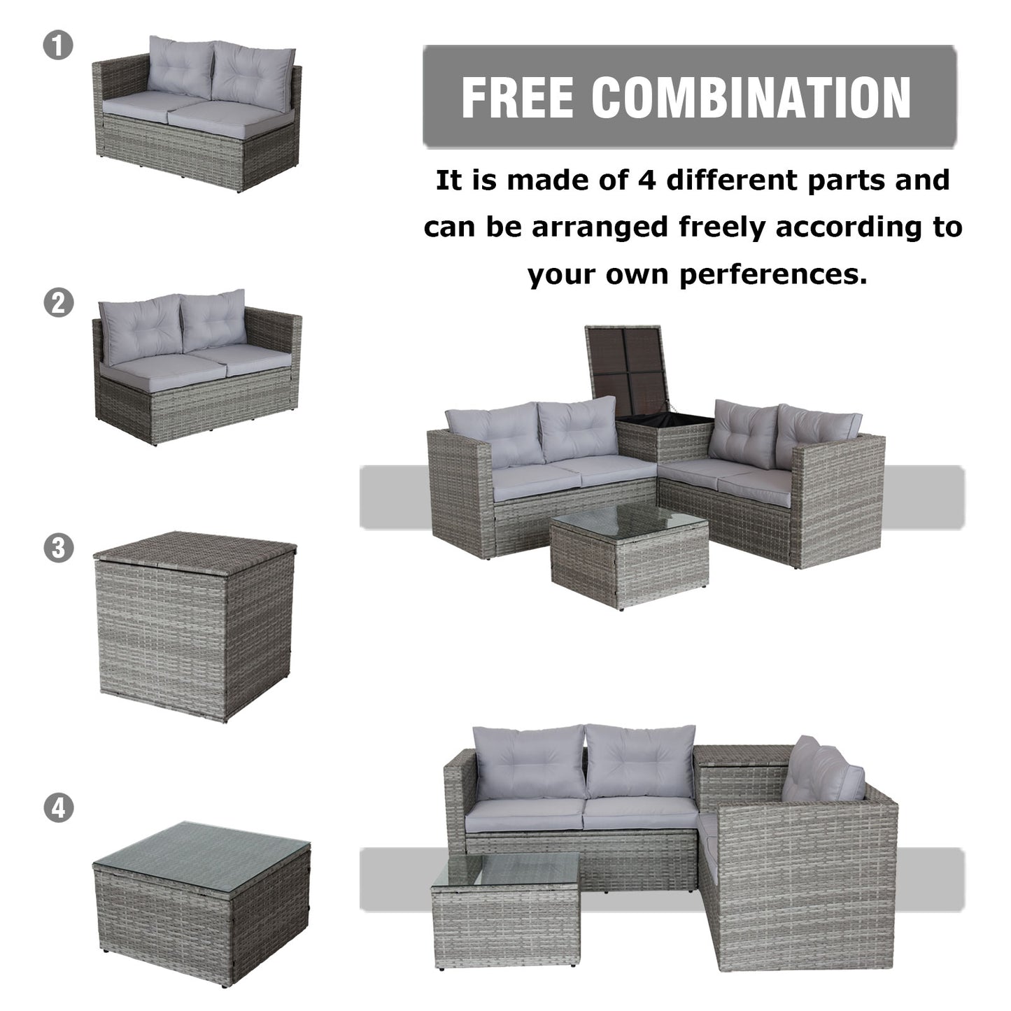 4-Piece Patio Sectional Wicker Rattan Outdoor Furniture Set with Storage Box – Modern Grey Patio Sofa Set