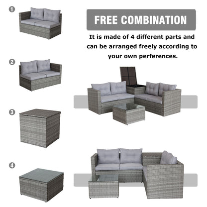 4-Piece Patio Sectional Wicker Rattan Outdoor Furniture Set with Storage Box – Modern Grey Patio Sofa Set