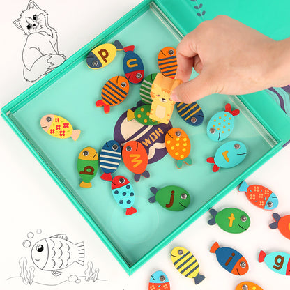 Wooden Magnetic Fishing Kitten Fishing Game 26 Letters Multi-function Fun Spelling Words Toddler Early Education Toys