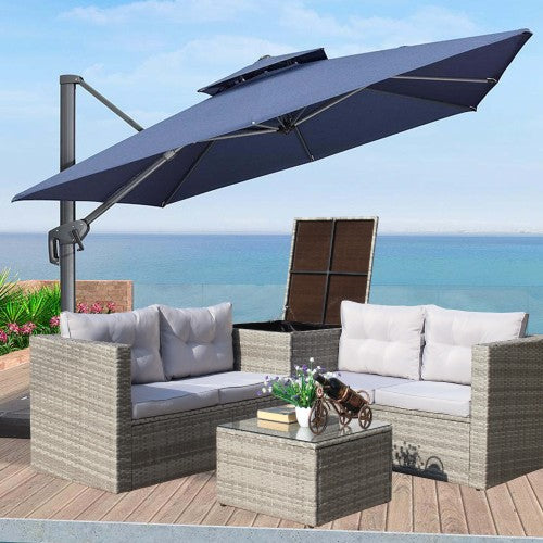 4-Piece Patio Sectional Wicker Rattan Outdoor Furniture Set with Storage Box – Modern Grey Patio Sofa Set
