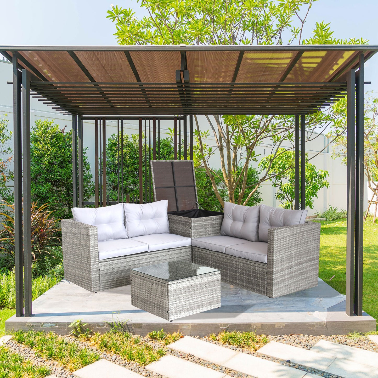 4-Piece Patio Sectional Wicker Rattan Outdoor Furniture Set with Storage Box – Modern Grey Patio Sofa Set