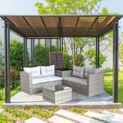4-Piece Patio Sectional Wicker Rattan Outdoor Furniture Set with Storage Box – Modern Grey Patio Sofa Set