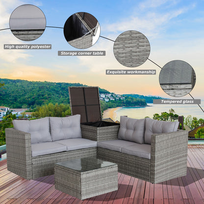 4-Piece Patio Sectional Wicker Rattan Outdoor Furniture Set with Storage Box – Modern Grey Patio Sofa Set