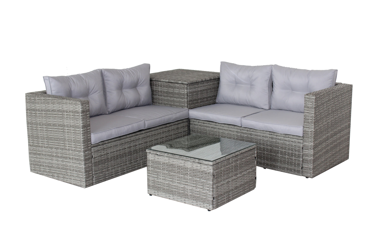 4-Piece Patio Sectional Wicker Rattan Outdoor Furniture Set with Storage Box – Modern Grey Patio Sofa Set