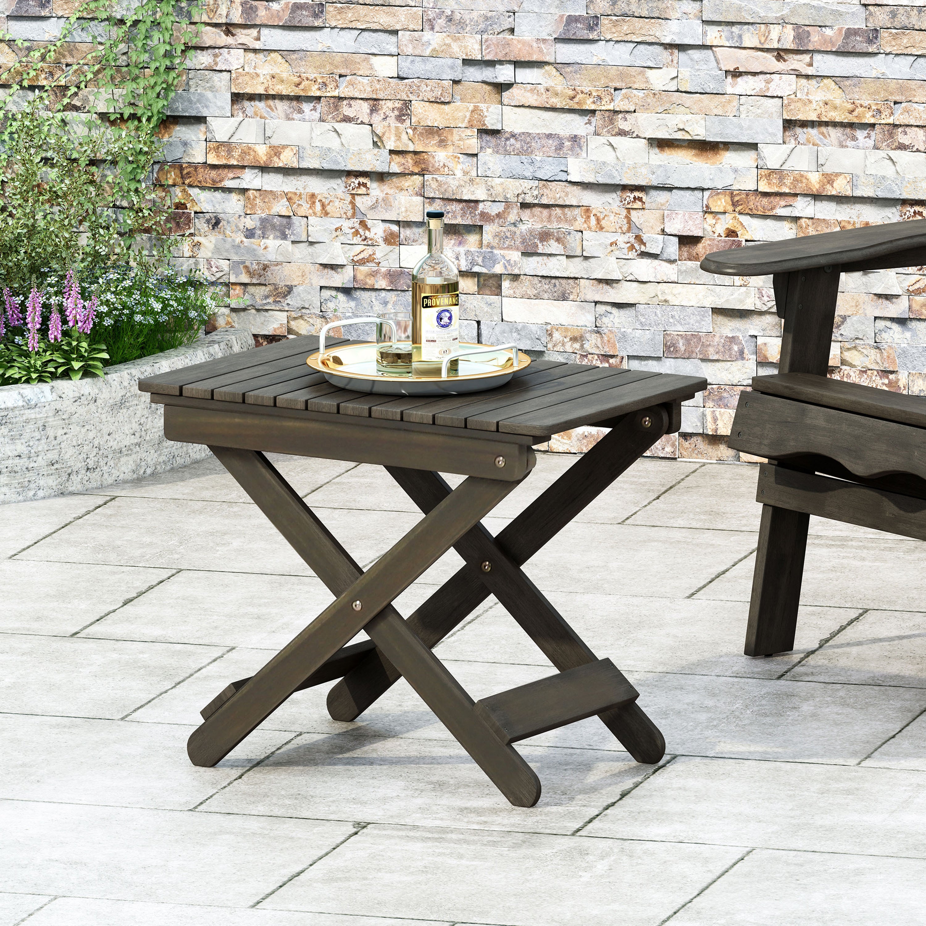 Aurelian Folding Acacia Wood Outdoor Side Table – Gray Slat-Top Patio Accent Table, 22.75"