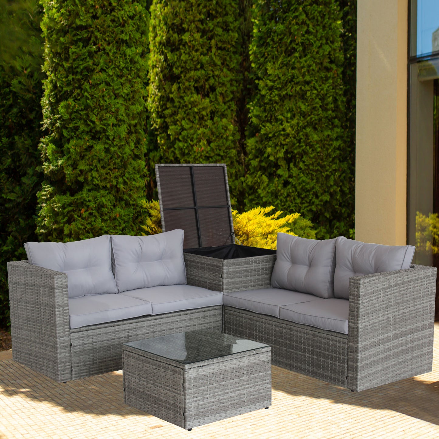4-Piece Patio Sectional Wicker Rattan Outdoor Furniture Set with Storage Box – Modern Grey Patio Sofa Set