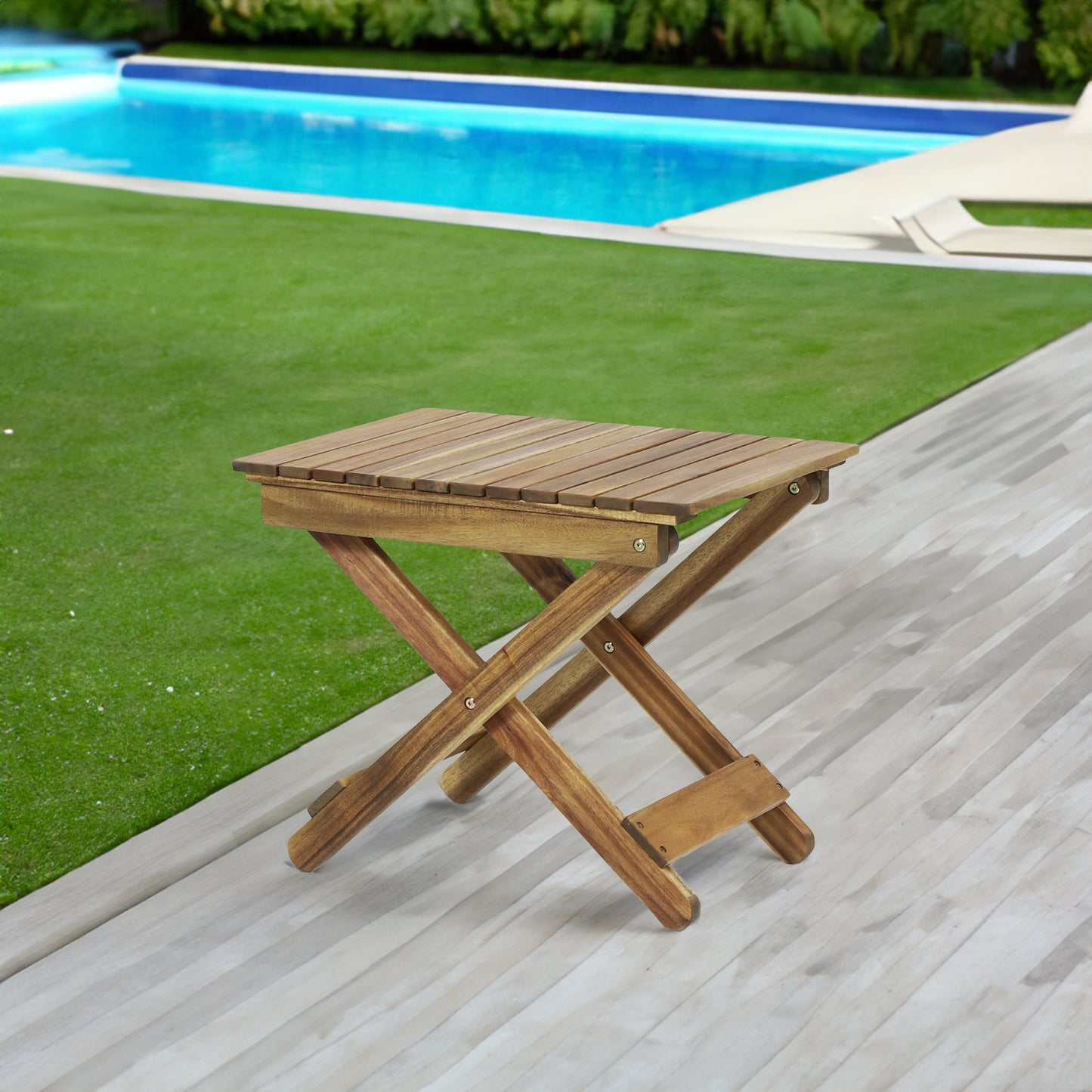 Aurelian Folding Acacia Wood Outdoor Side Table – Natural Slat-Top Patio Accent Table, 22.75
