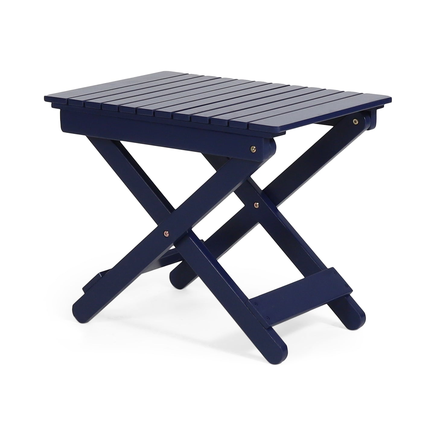 Aurelian Folding Acacia Wood Outdoor Side Table – Navy Blue Slat-Top Patio Accent Table, 22.75"