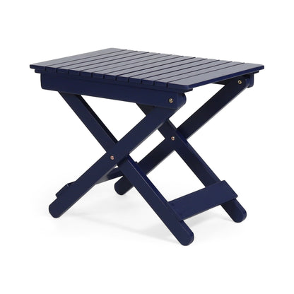 Aurelian Folding Acacia Wood Outdoor Side Table – Navy Blue Slat-Top Patio Accent Table, 22.75"