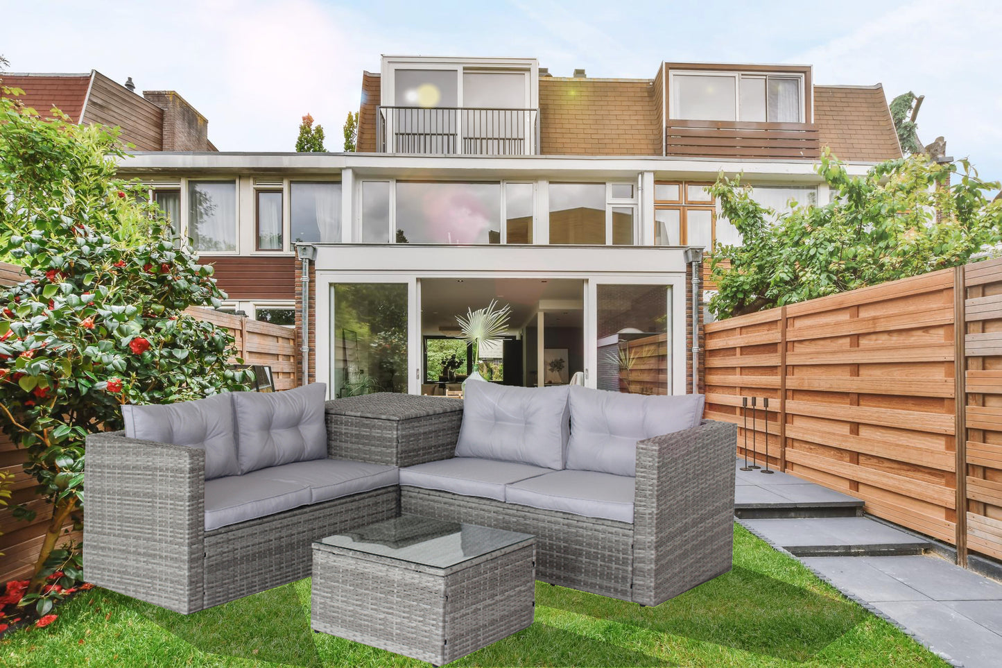 4-Piece Patio Sectional Wicker Rattan Outdoor Furniture Set with Storage Box – Modern Grey Patio Sofa Set