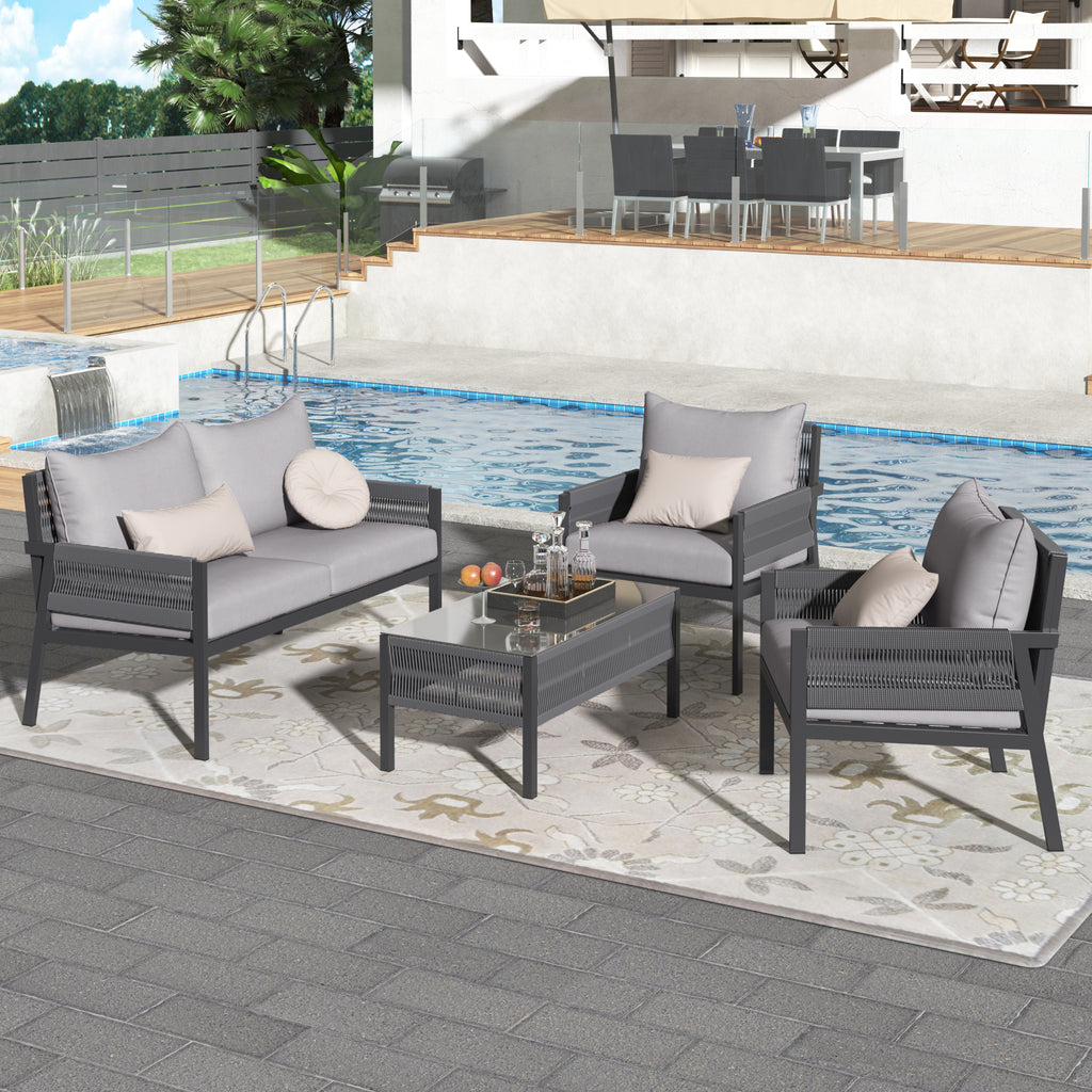 𝗔𝘂𝗿𝗲𝗹𝗶𝗮𝗻 4-𝗣𝗶𝗲𝗰𝗲 𝗥𝗼𝗽𝗲 𝗢𝘂𝘁𝗱𝗼𝗼𝗿 𝗟𝗼𝘂𝗻𝗴𝗲 𝗦𝗲𝘁 – 𝗗𝗲𝗲𝗽 𝗦𝗲𝗮𝘁𝗶𝗻𝗴 𝗣𝗮𝘁𝗶𝗼 𝗙𝘂𝗿𝗻𝗶𝘁𝘂𝗿𝗲 𝘄𝗶𝘁𝗵 𝗧𝗲𝗺𝗽𝗲𝗿𝗲𝗱 𝗚𝗹𝗮𝘀𝘀 𝗧𝗮𝗯𝗹𝗲, 𝗚𝗿𝗲𝘆