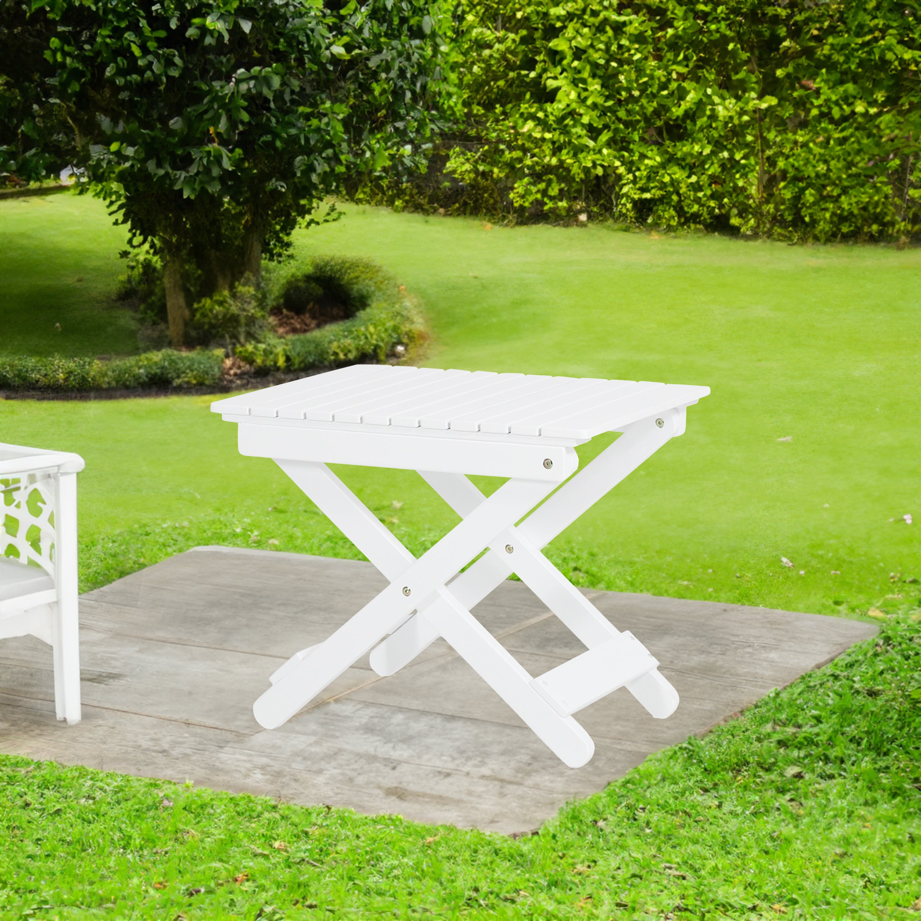 Aurelian Folding Acacia Wood Outdoor Side Table – White Slat-Top Patio Accent Table, 22.75"