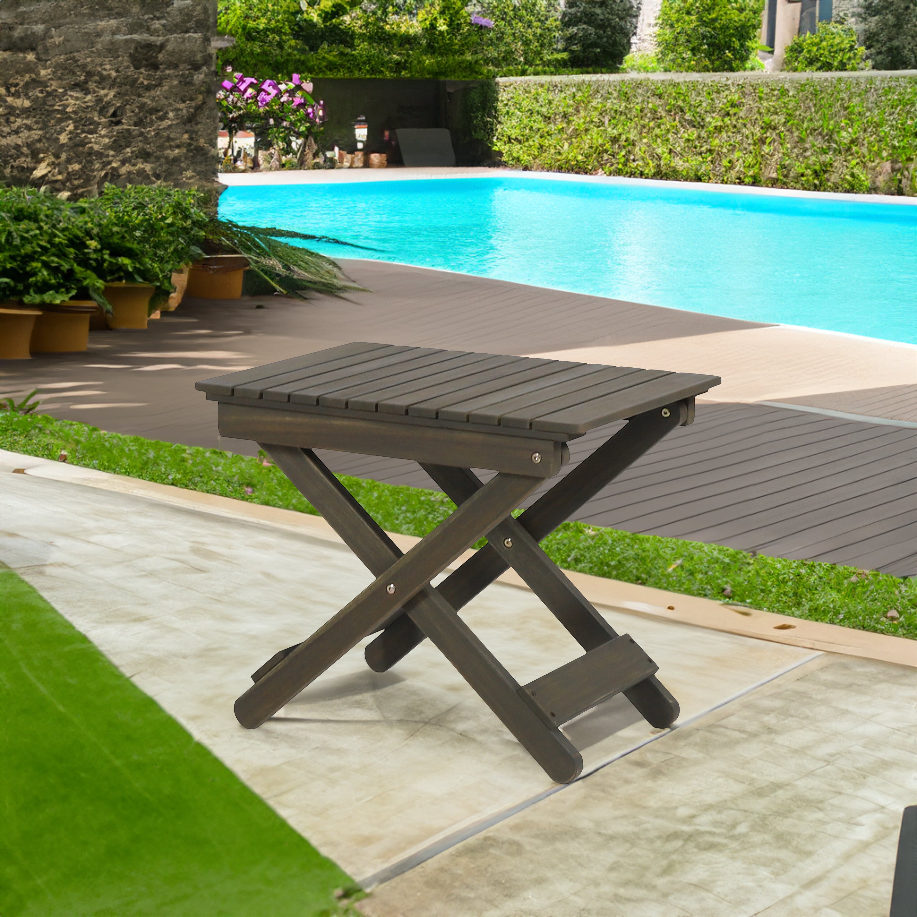 Aurelian Folding Acacia Wood Outdoor Side Table – Gray Slat-Top Patio Accent Table, 22.75"