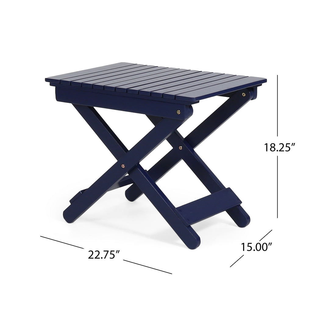 Aurelian Folding Acacia Wood Outdoor Side Table – Navy Blue Slat-Top Patio Accent Table, 22.75"