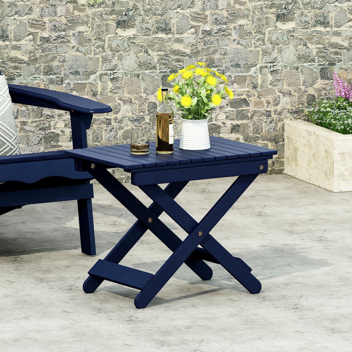 Aurelian Folding Acacia Wood Outdoor Side Table – Navy Blue Slat-Top Patio Accent Table, 22.75"