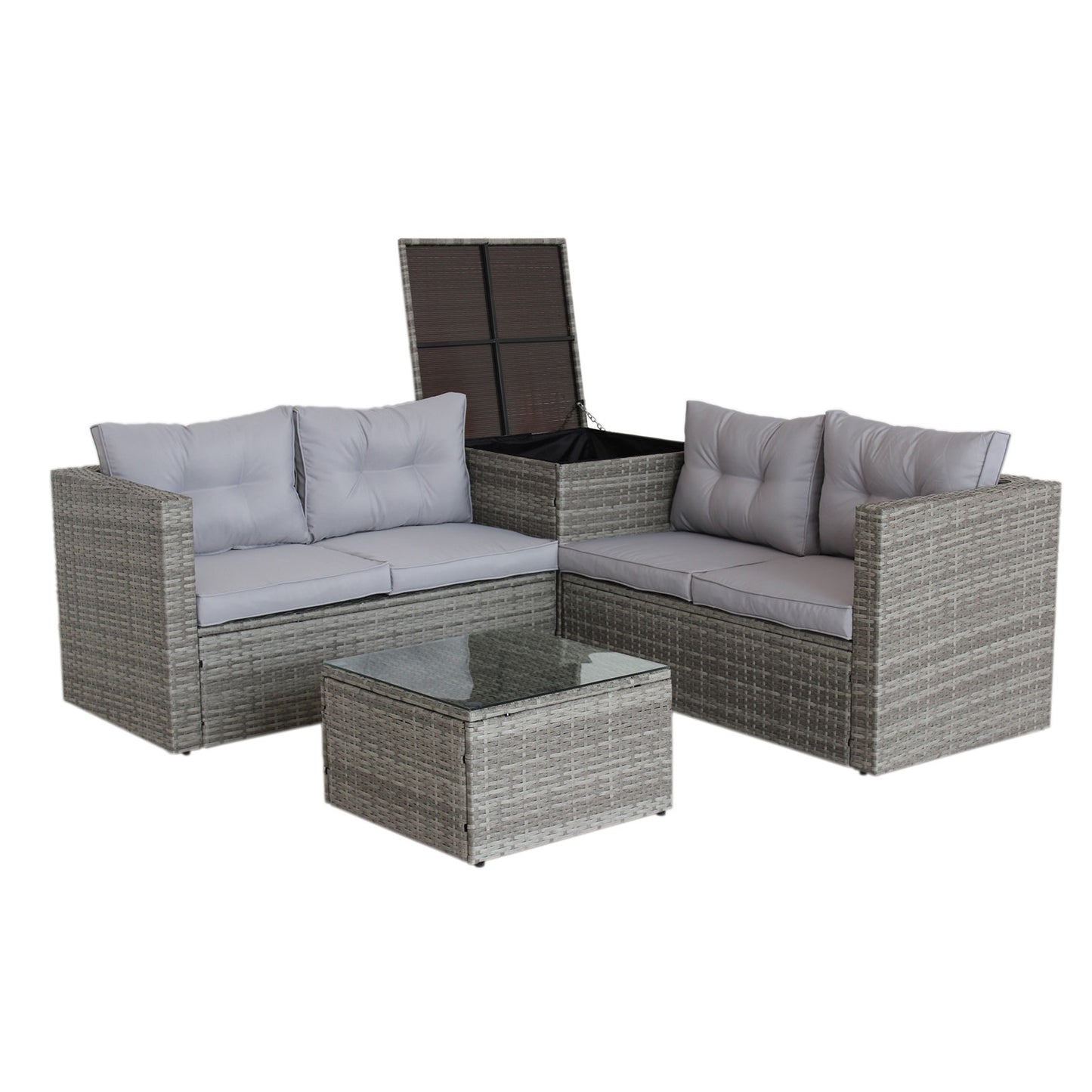 4-Piece Patio Sectional Wicker Rattan Outdoor Furniture Set with Storage Box – Modern Grey Patio Sofa Set
