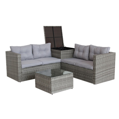 4-Piece Patio Sectional Wicker Rattan Outdoor Furniture Set with Storage Box – Modern Grey Patio Sofa Set