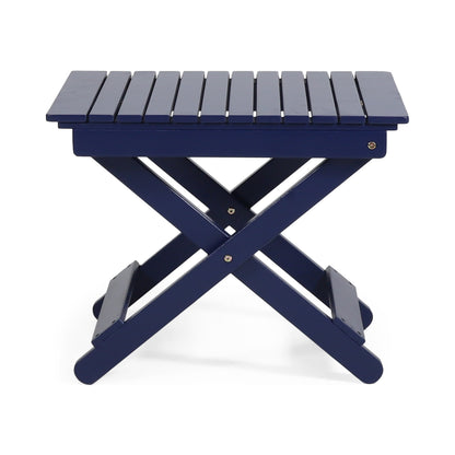Aurelian Folding Acacia Wood Outdoor Side Table – Navy Blue Slat-Top Patio Accent Table, 22.75"