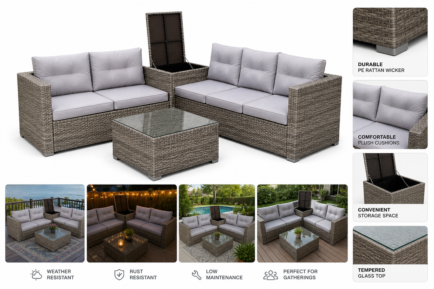4-Piece Patio Sectional Wicker Rattan Outdoor Furniture Set with Storage Box – Modern Grey Patio Sofa Set