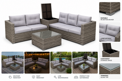 4-Piece Patio Sectional Wicker Rattan Outdoor Furniture Set with Storage Box – Modern Grey Patio Sofa Set