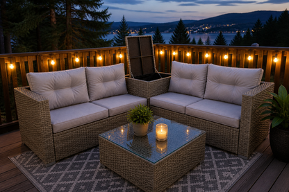 4-Piece Patio Sectional Wicker Rattan Outdoor Furniture Set with Storage Box – Modern Grey Patio Sofa Set