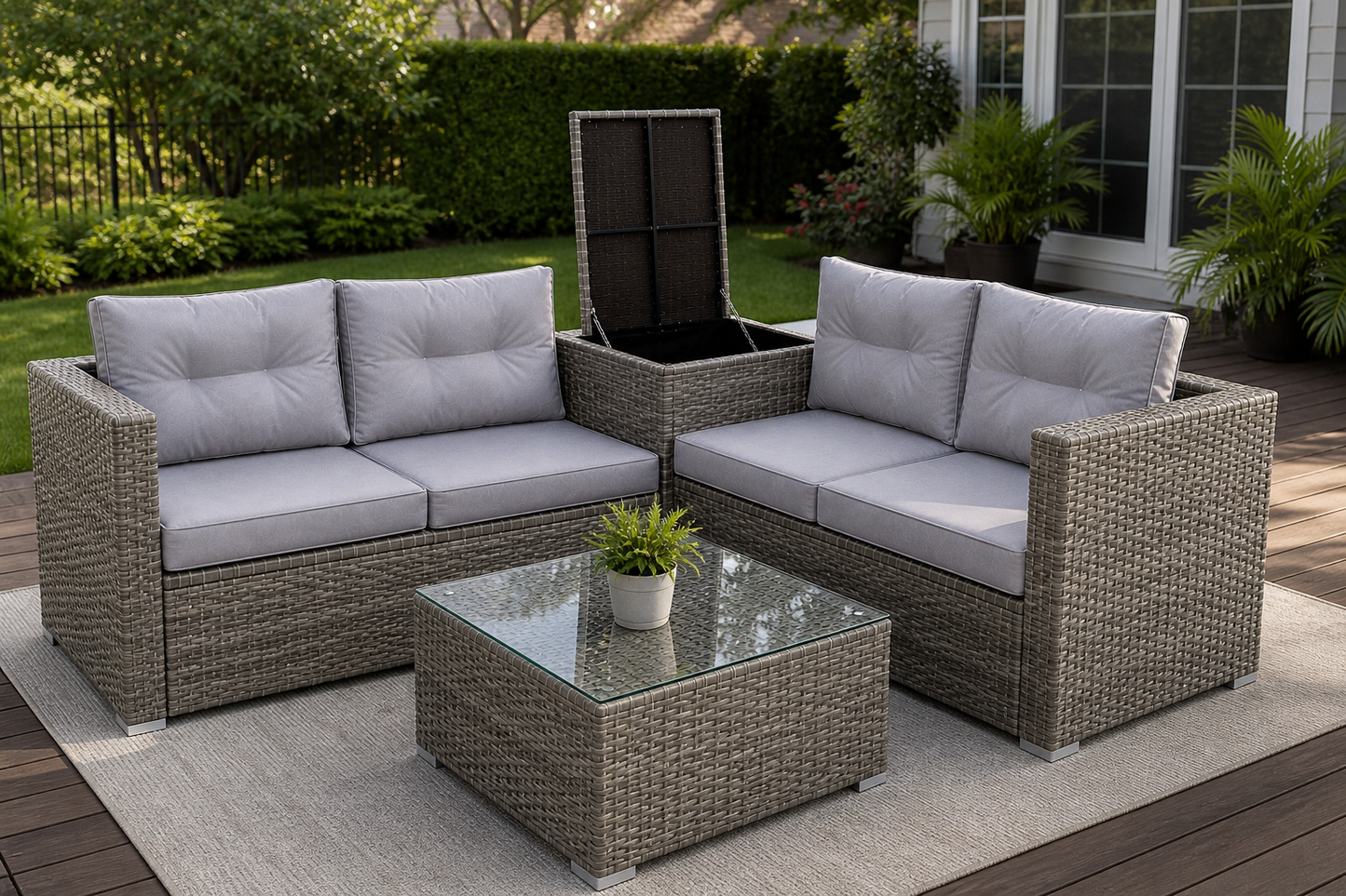 4-Piece Patio Sectional Wicker Rattan Outdoor Furniture Set with Storage Box – Modern Grey Patio Sofa Set