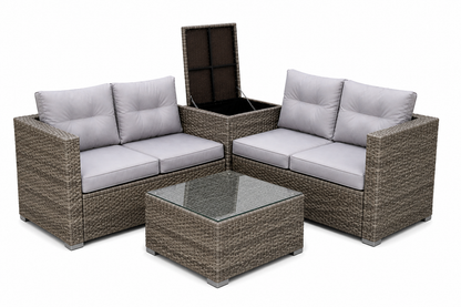 4-Piece Patio Sectional Wicker Rattan Outdoor Furniture Set with Storage Box – Modern Grey Patio Sofa Set