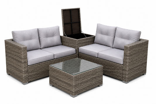 4-Piece Patio Sectional Wicker Rattan Outdoor Furniture Set with Storage Box – Modern Grey Patio Sofa Set